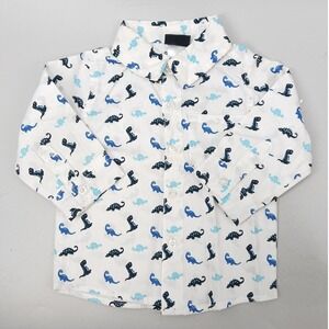 Little Rebels Dinosaur Button Down Shirt Kids 12M White Blue Long Sleeve